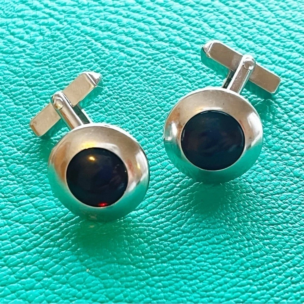 SWANK Cufflinks Silver Tone Garnet Red Cabochon Bullet Signed Classic Vintage
